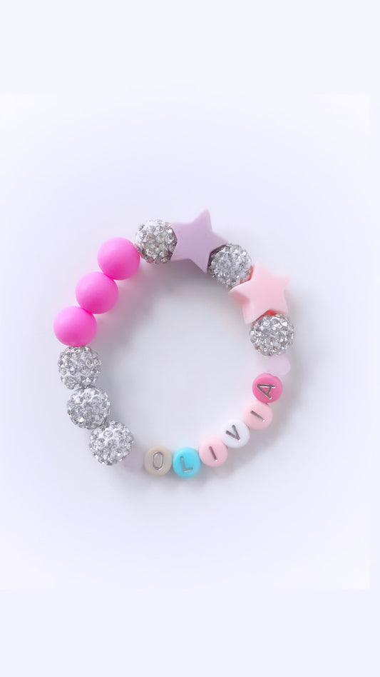 Pink Silver Stars Personalized Bracelet